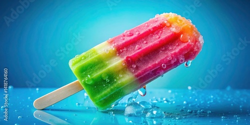 Vibrant Melting Ice Pop with Pink and Lime Green Layers on a Bright Blue Background for Summer Treats and Refreshing Desserts
