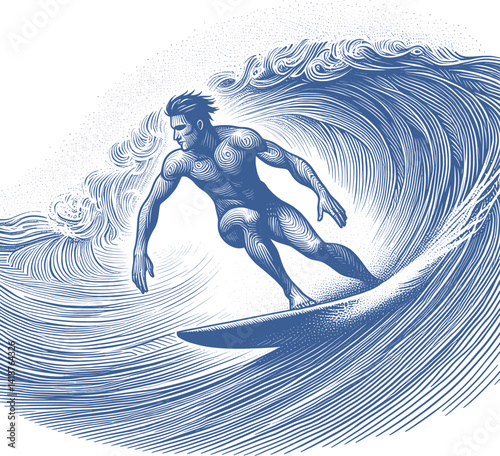 silhouette of the surfer on the ocean wave - guilloche style (artwork 3)