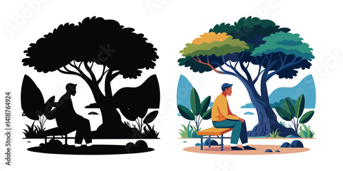 A silhouette of a man Solitude under the tree of Shade sitting on a bench in a park, contemplation – A Moment of Reflection