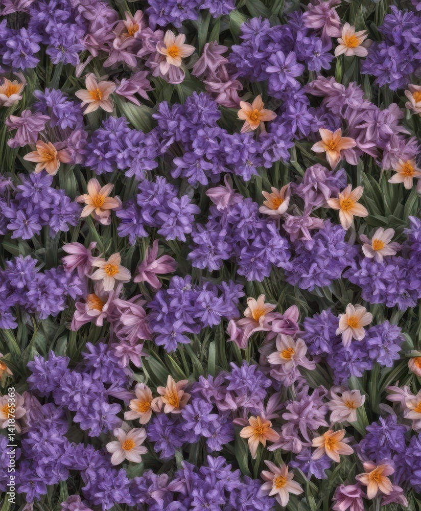 Naklejka premium Intricate paper background with bright, fresh hyacinths and crocuses in full bloom , bloom, fresh, background