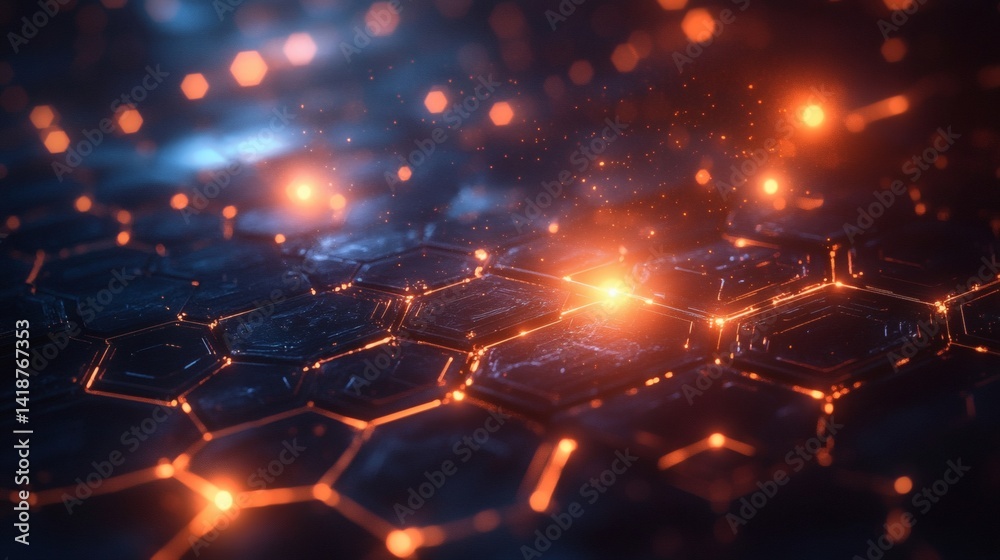 Fototapeta premium Blue cyber grid background with flat lines and glowing hexagonal nodes arranged in layered sections 