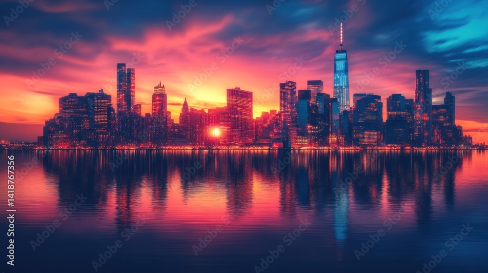 Fototapeta premium Manhattan Skyline at Sunset: A Breathtaking View of the City that Never Sleeps
