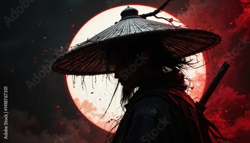 Silhouette of a Ronin Dark Artistic Samurai Artwork with Red Accents