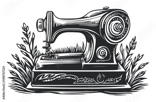 Vintage Sewing Machine Engraving Art with Decorative Elements