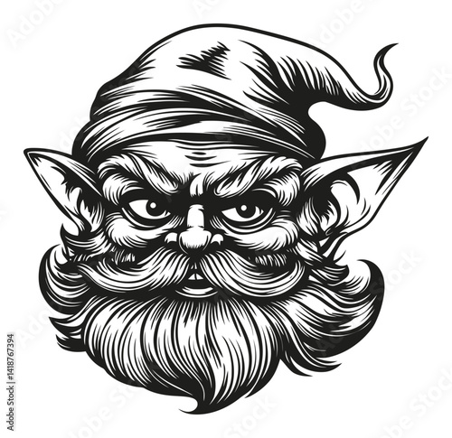 Intricate Drawing of a Bearded Goblin with a Santa Hat and Scowl