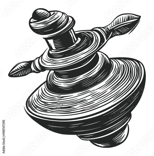 Hand-Drawn Engraving of a Spinning Top in Woodcut Style