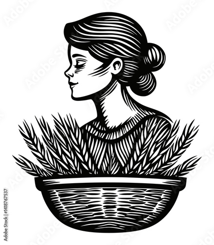 Elegant Woodcut Illustration of Woman with Wheat Sheaf Basket