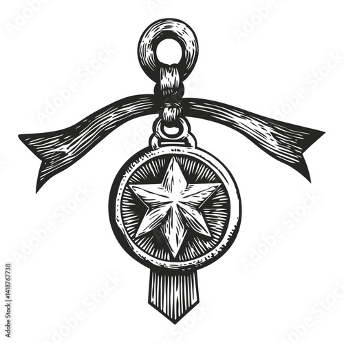 Vintage Engraved Medal with Ribbon and Star Design