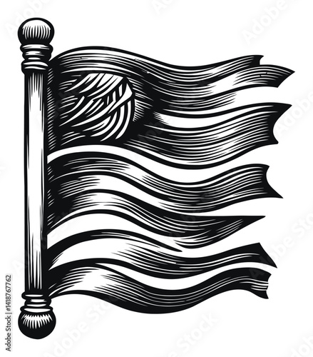 Elegant Hand-Drawn Engraving of a Waving Flag with Detailed Lines
