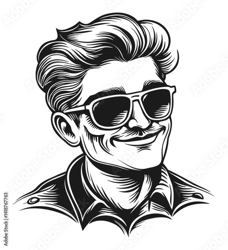 Vintage Style Engraving of a Cool Man with Sunglasses and Hair