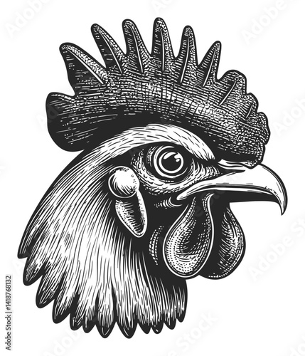 Detailed Engraving of a Rooster Head with Intricate Features