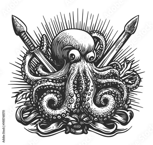 Intricate Engraving of an Octopus with Swords and Decorative Elements
