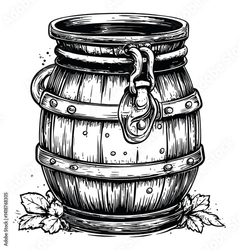 Rustic Wooden Barrel Engraving with Decorative Elements