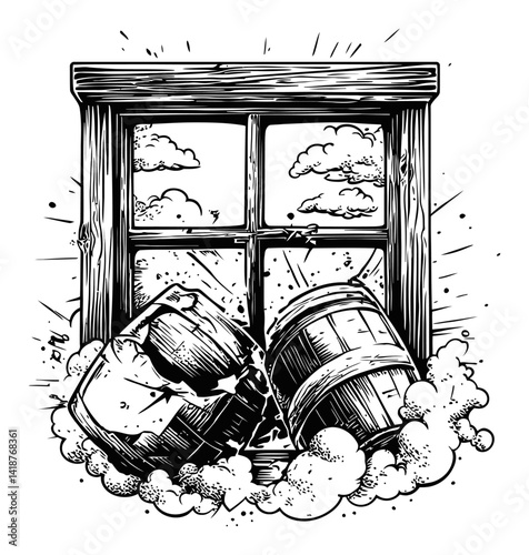 Vintage Engraving of a Window with Wooden Barrels and Clouds