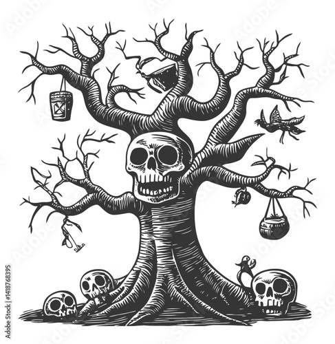 Spooky Engraving of a Macabre Tree with Skulls and Curiosities