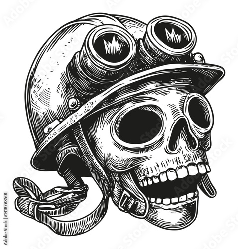 Skull in Helmet with Goggles Engraving and Woodcut Style Design