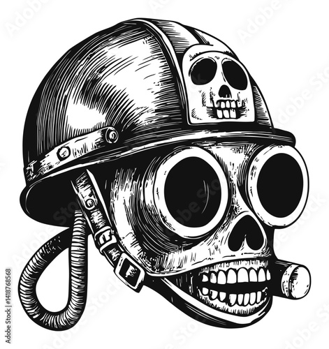 Skull Helmet Design with Engraving Style and Vintage Touches