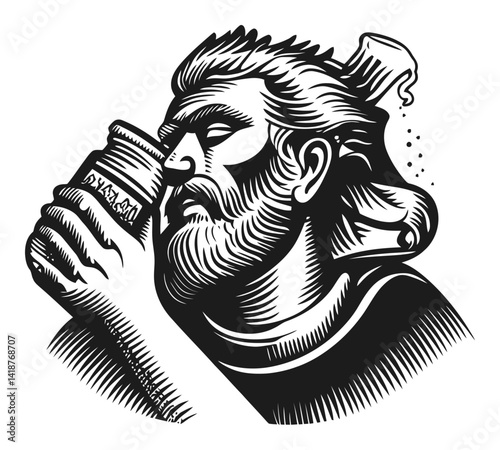 Detailed Woodcut of a Bearded Man Holding a Jar Close to His Face