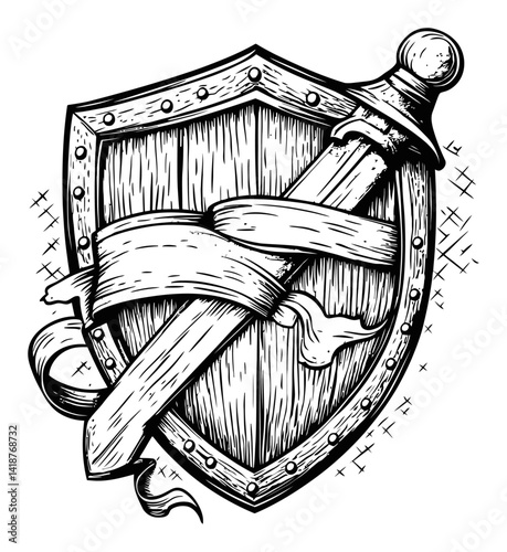Detailed Engraving of Sword and Shield with Decorative Ribbon