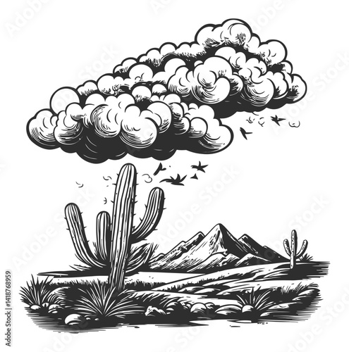 Engraved Desert Landscape with Clouds and Cacti in Woodcut Style