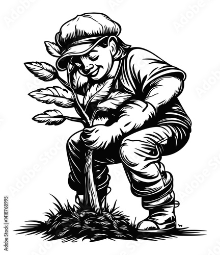 Vintage Woodcut of a Gardener Planting a Young Tree