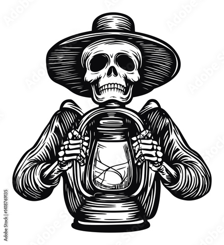 Skull Figure Holding Lantern in Vintage Engraving Style Artwork