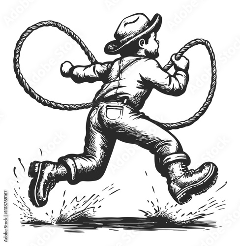 Young Cowboy Roping with Rope in Vintage Woodcut Style