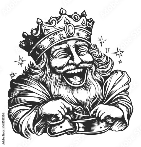 Joyful King Illustration in Vintage Woodcut Style Artwork