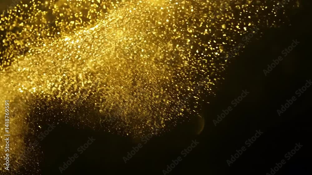 Abstract background of gold particles. Gold dots back ground. gold dust and beautiful bokeh he and dark background. Seamless looping video Dynamic motion.