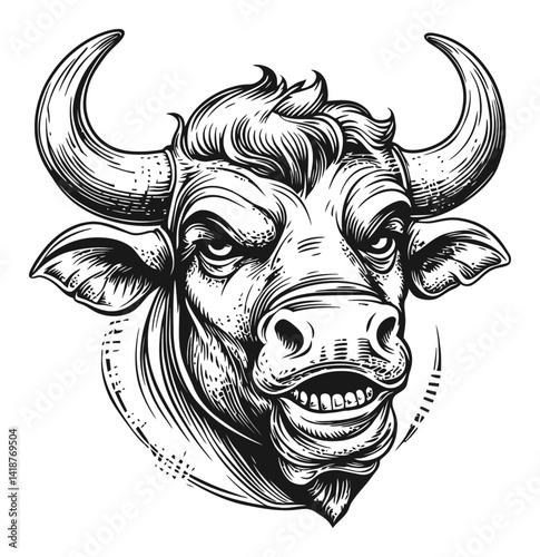 Detailed Engraved Illustration of a Bull's Head with Bold Features