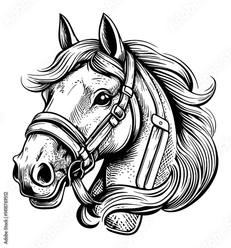Detailed Engraving of a Horse Head with Textured Hair and Harness