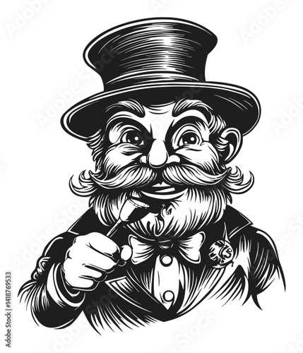 Vintage Gentleman with Top Hat and Pipe in Classic Engraving Style