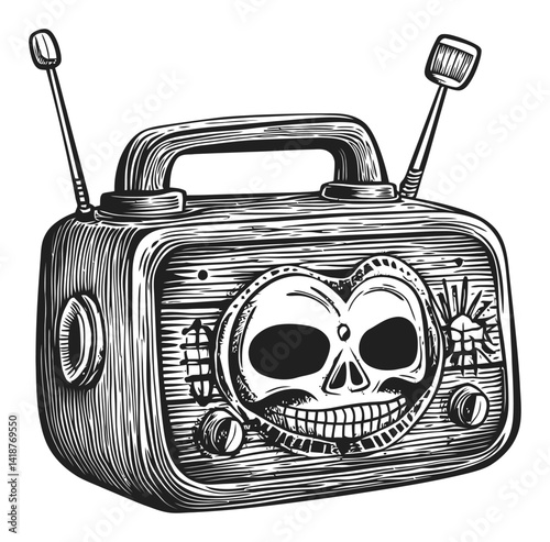Vintage Style Engraved Radio with Skull Design in Black and White