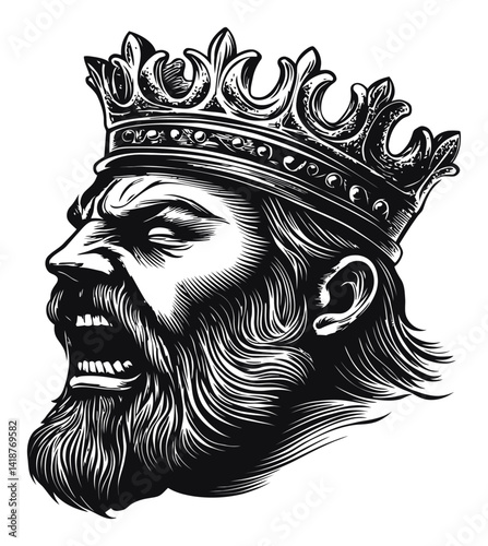 Regal King with Crown in Bold Engraving Style Portrait