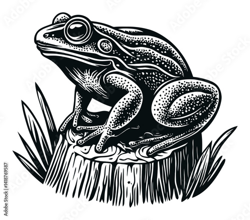 Detailed Engraving of Frog on Stump Surrounded by Grass