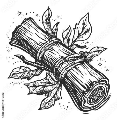 Vintage Engraving of Bundled Wood with Leaves and Stars Design