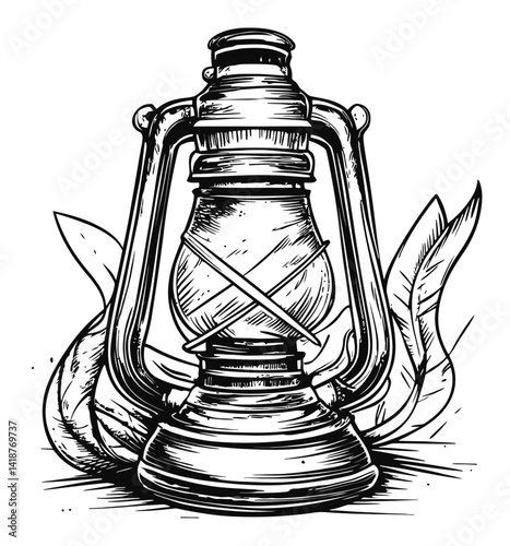 Vintage Oil Lamp Engraving with Decorative Leaves Illustration