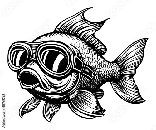 Vintage Style Engraving of a Fish in Goggles Swimming Underwater