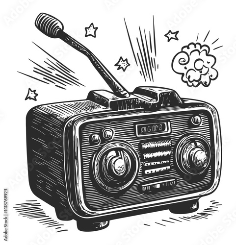 Vintage Radio Engraving with Microphone and Sound Effects Illustration