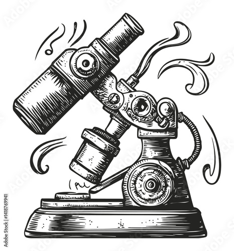 Detailed Engraving of a Vintage Scientific Microscope Illustration