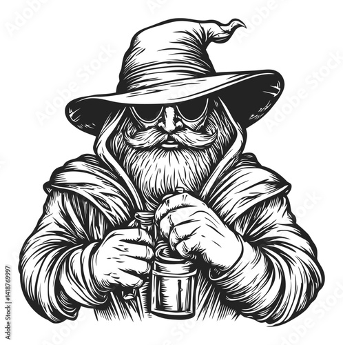 Vintage Engraved Wizard with Beer Mug in Artistic Woodcut Style