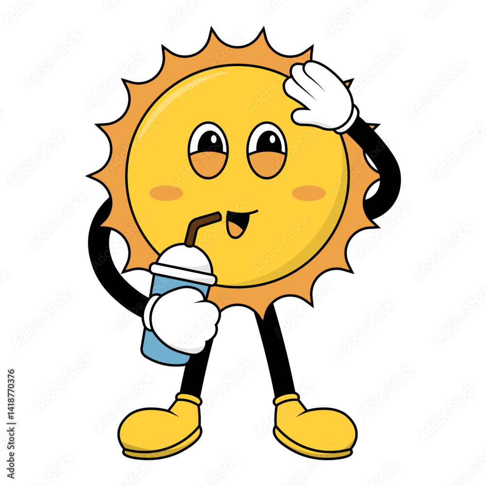 Sun Groovy Cartoon Illustration. Vector Character