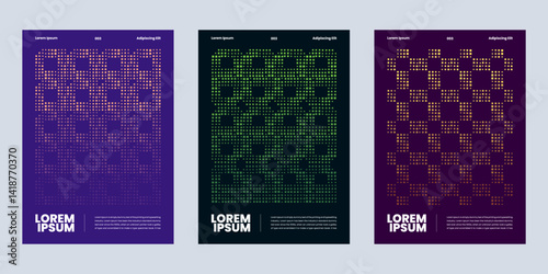 Postmodern vector with geometric pixel disintegration background,  set of posters symbols mosaic textures with abstract square particles for media digital, disintegration for figures dispersed dotted