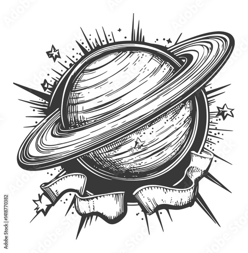 Vintage Engraving of Saturn with Radiant Stars and a Banner