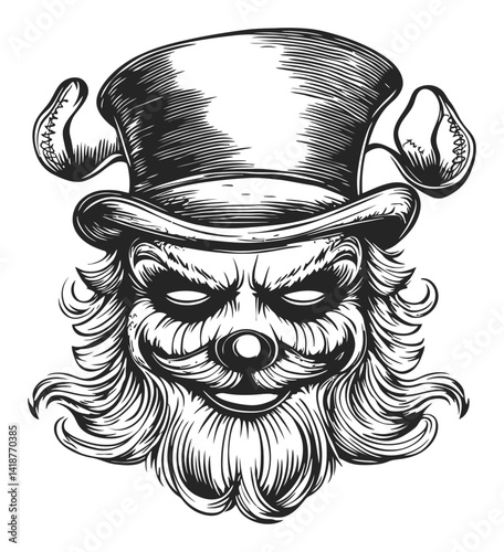 Vintage Engraving of a Sinister Clown Head in Top Hat