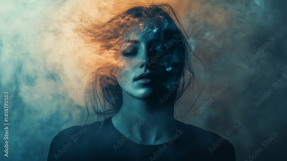 Dreamlike Portrait of a Woman Enveloped in Mystical Smoke with Surreal Lighting and Ethereal Atmosphere. Image Made Using Generative AI. Dreamlike Portrait of a Woman Enveloped in Mystical Smoke with Surreal Lighting and Ethereal Atmosphere. Image Made Using Generative AI.