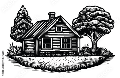 Rustic Wooden House Illustration with Trees and Grassy Surroundings