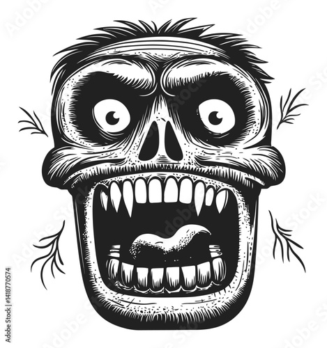 Grinning Skull in High Contrast Engraving Style 70 Characters