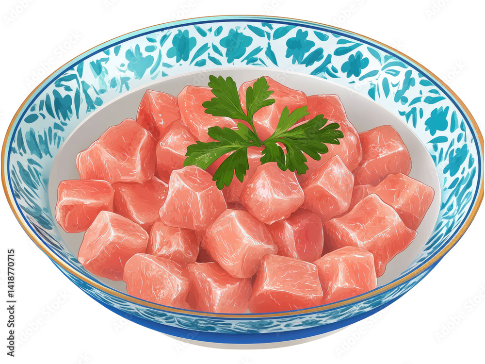 Delicious Diced Pork in a Blue and White Porcelain Bowl A Culinary Delight Delicious Diced Pork in a Blue and White Porcelain Bowl A Culinary Delight