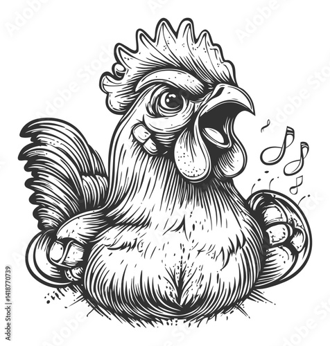 Detailed Engraving of a Rooster with Musical Notes in Black and White